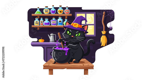 Mystic Cat's Brew: A bewitching black cat, donned in a witch's hat, stirs a bubbling cauldron, set amidst a mystical backdrop of potions and enchanted spells, perfect for halloween.