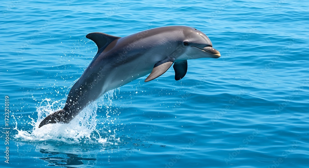 Naklejka premium Playful Dolphin Leaping from Bright Blue Ocean in Sunlit Seascape – Realistic Marine Life Scene