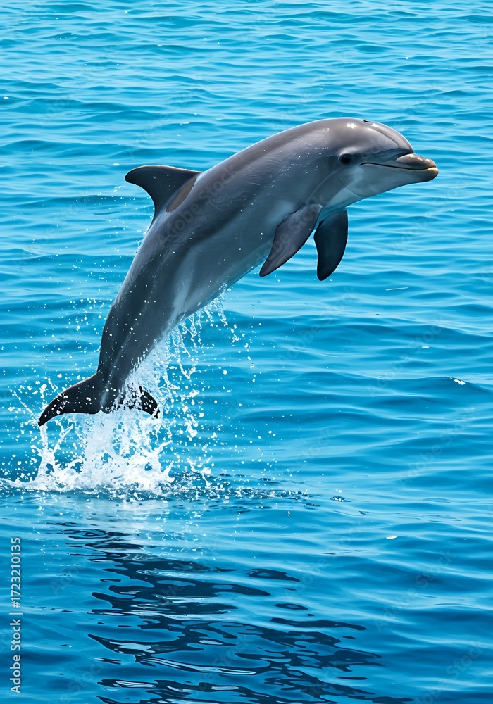 Fototapeta premium Playful Dolphin Leaping from Bright Blue Ocean in Sunlit Seascape – Realistic Marine Life Scene