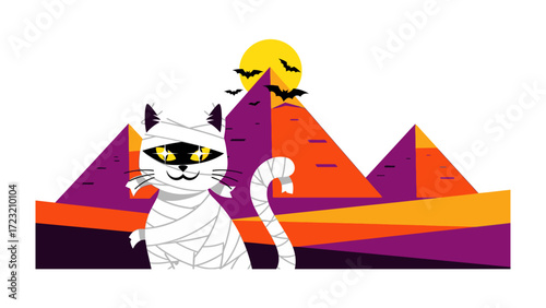 Mummy Cat's Halloween Adventure: A whimsical Halloween illustration featuring a charming mummy cat with mysterious yellow eyes, gazing at pyramid against a setting sun.