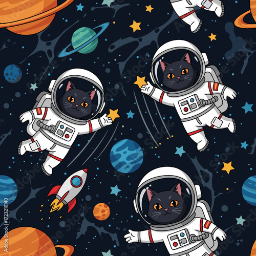 Cute black cats in astronaut suits explore colorful space with planets stars and rockets