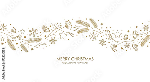 Elegant Christmas and Happy New Year greeting card with gold stars, snowflakes, and botanical elements for festive season designs and promotions