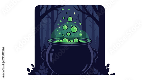 Mystical Cauldron Brew: A mystical illustration shows a bubbling cauldron, filled with a luminous green potion. The scene is set against a backdrop of a dark forest, enhancing the magical ambiance.