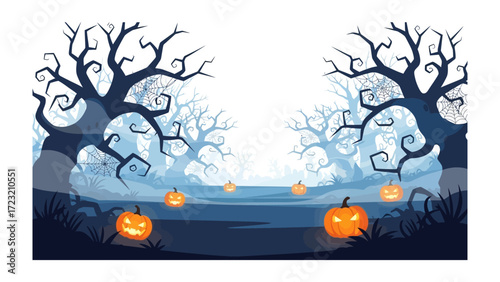 Spooky Halloween Night: Enthralling illustration captures a chilling Halloween night, with ominous trees framing an eerie landscape, where carved pumpkins illuminate the dark and ominous atmosphere.