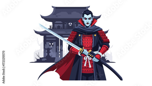 Samurai's Shadow: A stoic samurai, brandishing his katana with resolve, stands before a traditional structure, blending the ancient code of honor with a mystical presence. 