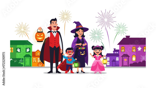 Halloween Family Gathering: A creatively crafted illustration captures the spirit of Halloween with a family, each in a costume, set against a festive backdrop of houses and fireworks.