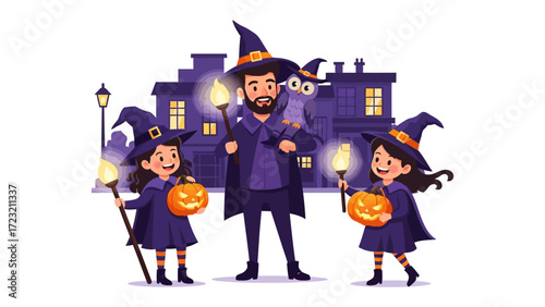 Halloween Night: A father and his two children, dressed as witches, ready to illuminate the darkness with the festive joy of Halloween. This illustration perfectly captures the essence of the holiday.