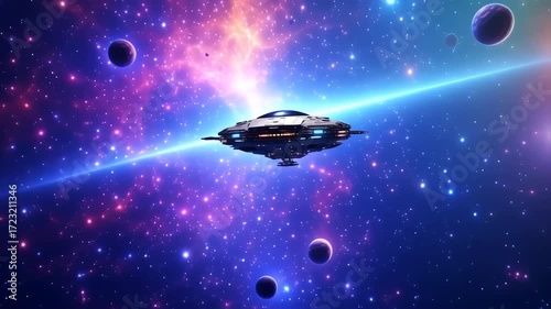 A futuristic spaceship floats amidst a vibrant, star-strewn galaxy.  A glowing nebula and numerous planets populate the cosmic scene