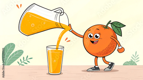 Anthropomorphic Orange Pouring Juice into Glass – Fun Fruit Character Illustration