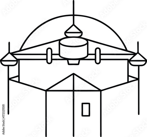 Minimalist line plan of futuristic drone delivery illustration on transparent