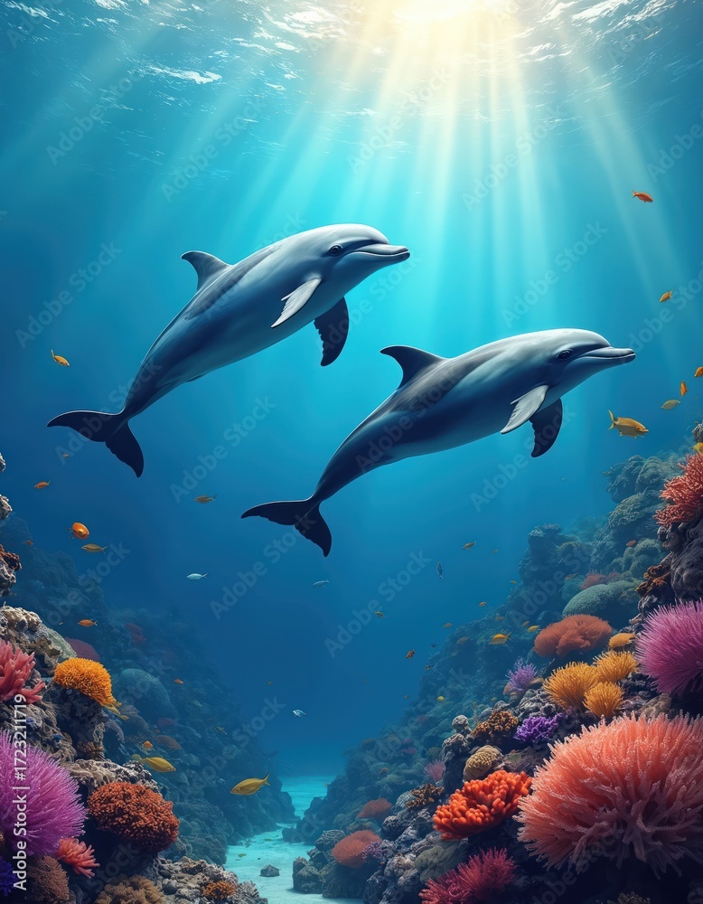 Fototapeta premium Two dolphins swim underwater near coral reefs and fish. Sun rays penetrate deep blue sea. Aquatic life, marine ecosystem in tropical waters. Ocean environment, underwater world.