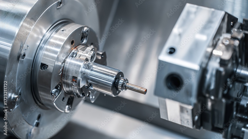 Fototapeta premium Close-Up of Lathe Turning Operation: Metal Workpiece Being Cut, Bright Sparks Flying, Precision Cutting Tool in Action, Industrial Machining Process—High-Def Shot for Engineering Education