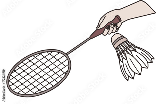 Hand Holding Shuttlecock over Badminton Racket Isolated on Transparent Background.