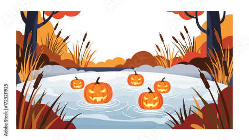 Spooky Pond Scene with Pumpkins: A festive illustration captures the essence of autumn with Jack-o'-lanterns floating serenely on a misty pond amidst seasonal foliage and an eerie atmosphere.