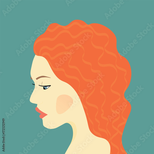 Portrait of a fashion woman. The head in profile of a European brunette woman. Face of girl. Flat design for for landing page, banner, social Media Avatar. Color vector illustration.