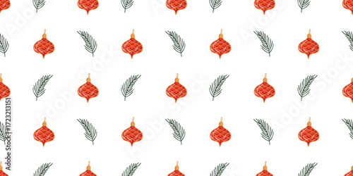 Bauble and Branch Seamless Pattern, Ornament Sprig Background, Bauble Sprig Motif