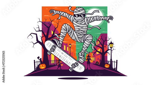 Spooky Skate: A mummified figure defies gravity with a daring skateboard trick during a Halloween night. It's a thrilling fusion of the eerie and the exciting.