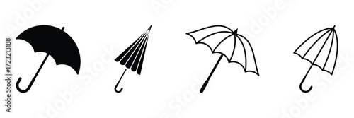 Umbrella filled and outline icon set. Simple vector parasol collection. Umbrella vector icon. Rain protection symbol. Flat design style