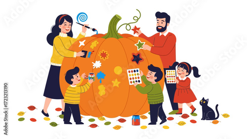 Family Art Session with a Festive Pumpkin: A lively family creates a unique masterpiece, adorning a giant pumpkin with creative decorations, embodying the spirit of togetherness and autumnal joy.
