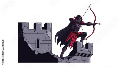 Warrior Archer in Silhouette: A formidable warrior archer, cloaked in shadows, takes aim from atop a crumbling stone structure, poised to unleash their arrow with determined precision.