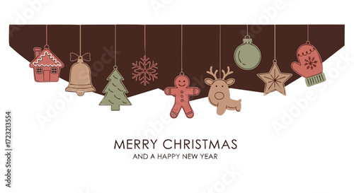 Whimsical Christmas ornaments including gingerbread man, reindeer, snowflake, tree, bell, and house celebrate holidays and new year joy