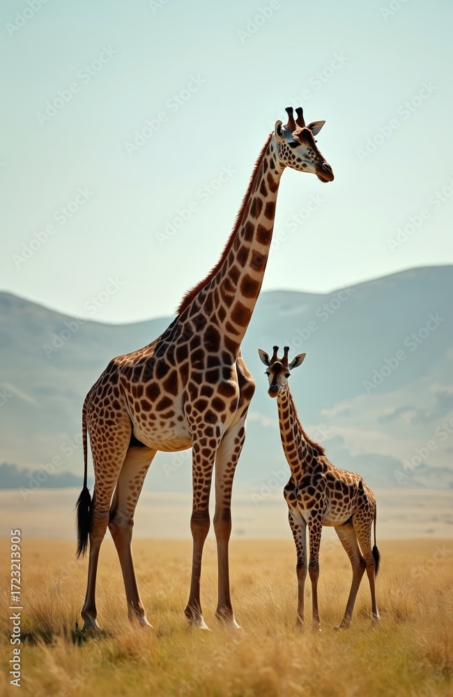 Obraz premium Adult giraffe with baby giraffe in savanna. African wildlife photo of giraffa camelopardalis family in wild nature. Travel adventure, safari trip in Tanzania, Kenya. Herd of giraffes in Serengeti