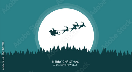 Santa's silhouette soars across the moonlit sky with his reindeer through the forest on Christmas Eve delivering joy and holiday cheer