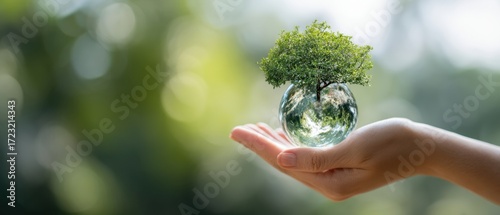 The Hand Holding a Glass Globe with a Tree Symbolizing Sustainability