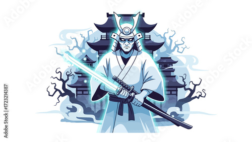 Warrior's Resolve: A stoic samurai, clad in traditional attire, stands firm with a glowing katana blade. The backdrop features a mystical Japanese scene, embodying strength, precision.