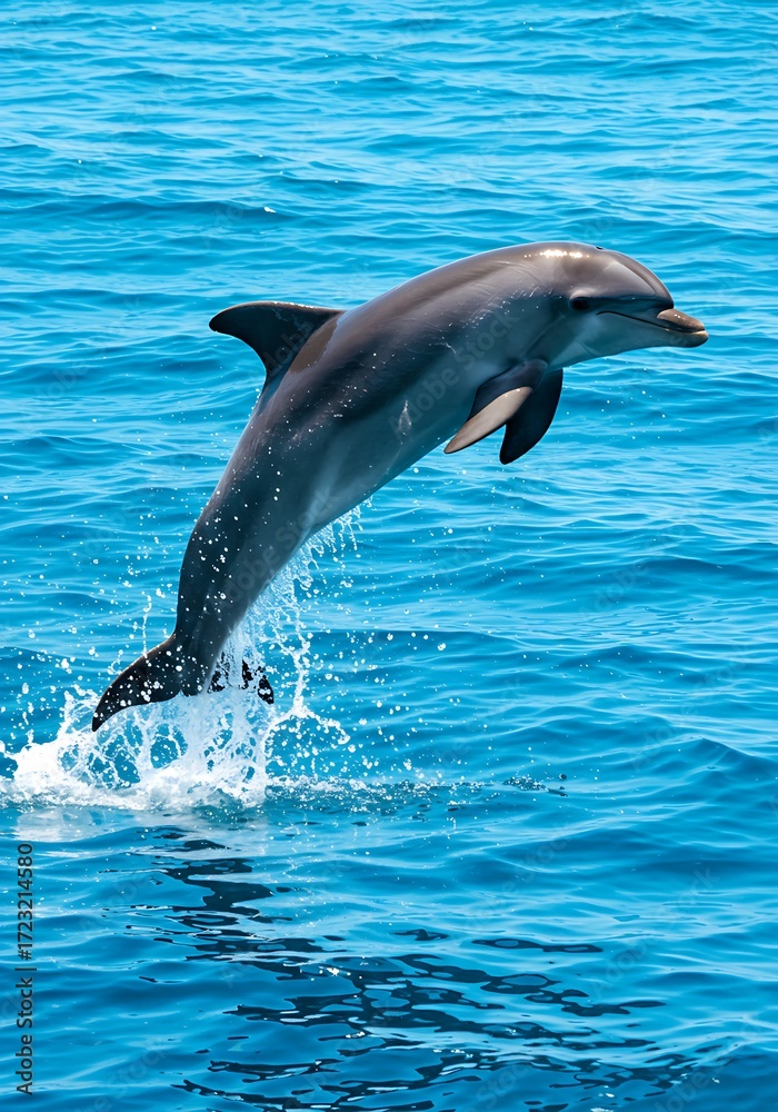 Naklejka premium Playful Dolphin Leaping from Bright Blue Ocean in Sunlit Seascape – Realistic Marine Life Scene