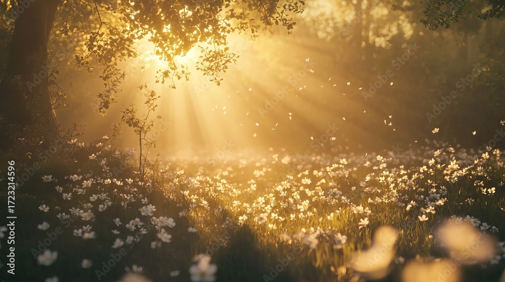 Obraz premium A serene scene showing soft sunlight filtering through trees, illuminating a field of delicate flowers. The tranquil atmosphere captures nature's beauty and harmony.