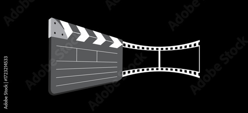 3d clapper board, 35mm 2 frames film reel vector design on black background. 3d filmstrip movie production icon illustration to use for motion picture, television, cinema, film project.