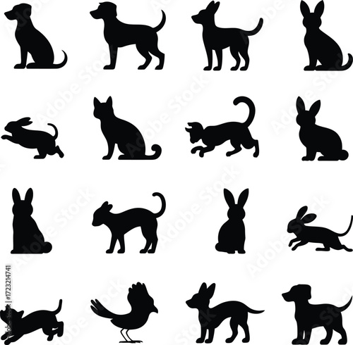 Vector art of a diverse array of animal silhouettes, including dogs, rabbits, cats, and a bird, presented in various postures and actions, ideal for creating logos or decorative elements