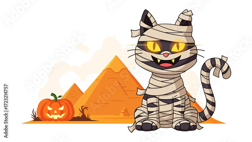 Halloween Mummy Cat: A whimsical Halloween illustration featuring a cat dressed as a mummy, with a grinning pumpkin and ancient pyramids, designed to evoke the spooky spirit of the holiday.