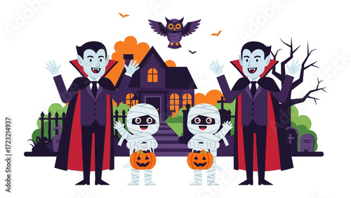 Spooky Halloween Scene: An eerie illustration that features vampires and mummies ready for a night of spooky fun, with pumpkin and spooky environment to provide chills