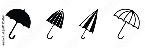 Umbrella icon vector silhouette on white background. Umbrella icon. Protection parasol symbol. Rain weather signs. Season symbols. Rainy icons. Black, flat color. Vector isolated sign.