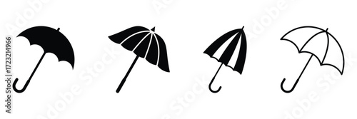 Umbrella icon vector silhouette on white background. Umbrella icon. Protection parasol symbol. Rain weather signs. Season symbols. Rainy icons. Black, flat color. Vector isolated sign.