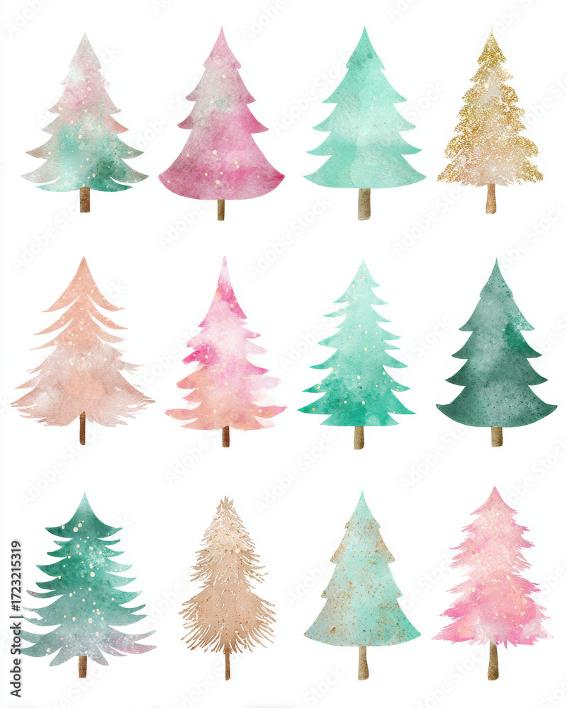 Fototapeta premium Pastel watercolor Christmas trees clipart sheet with 12 cute designs in pink, mint, beige and green tones on white background for children crafts and holiday printables