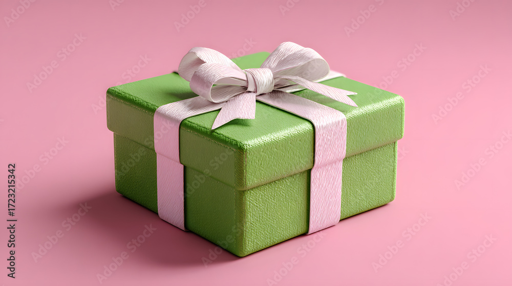 Fototapeta premium Green Gift Box with White Ribbon on Pink Background