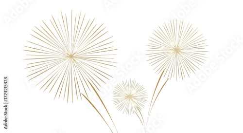 Elegant golden dandelion seed heads burst with light on a clean white background, perfect for celebration, nature, or abstract design.