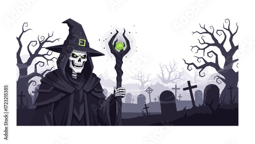 Mystic Grim Reaper: A chilling depiction of the Grim Reaper, cloaked in ominous attire, materializes amidst a haunted graveyard setting, and wielding an orb staff. 