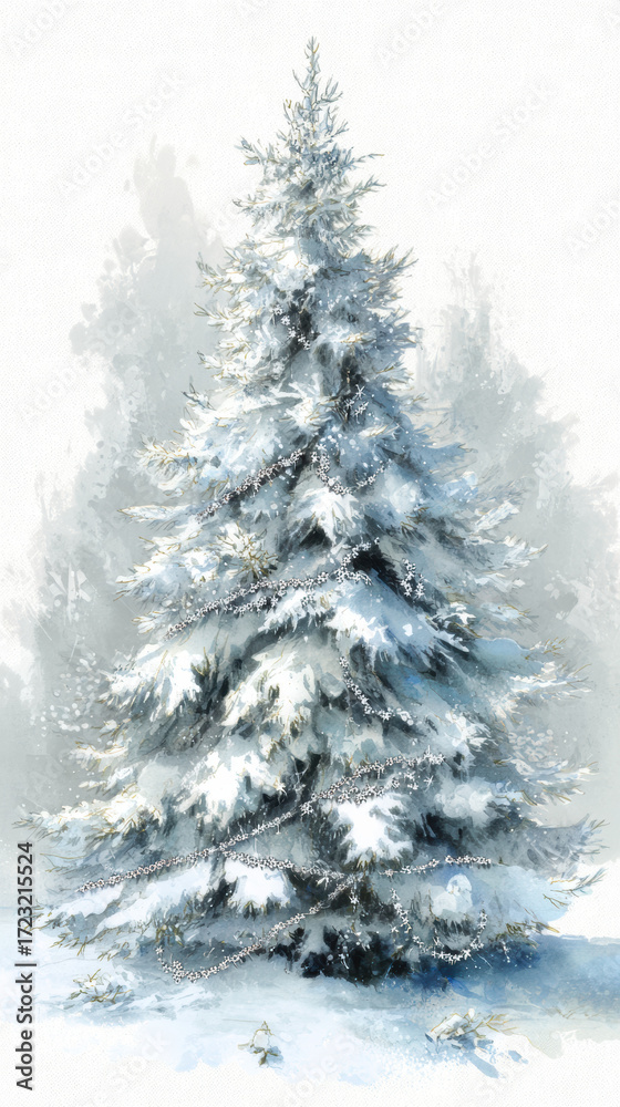 Obraz premium Watercolor snow covered christmas tree with silver garland in cool tones and soft shadows fading into winter forest background