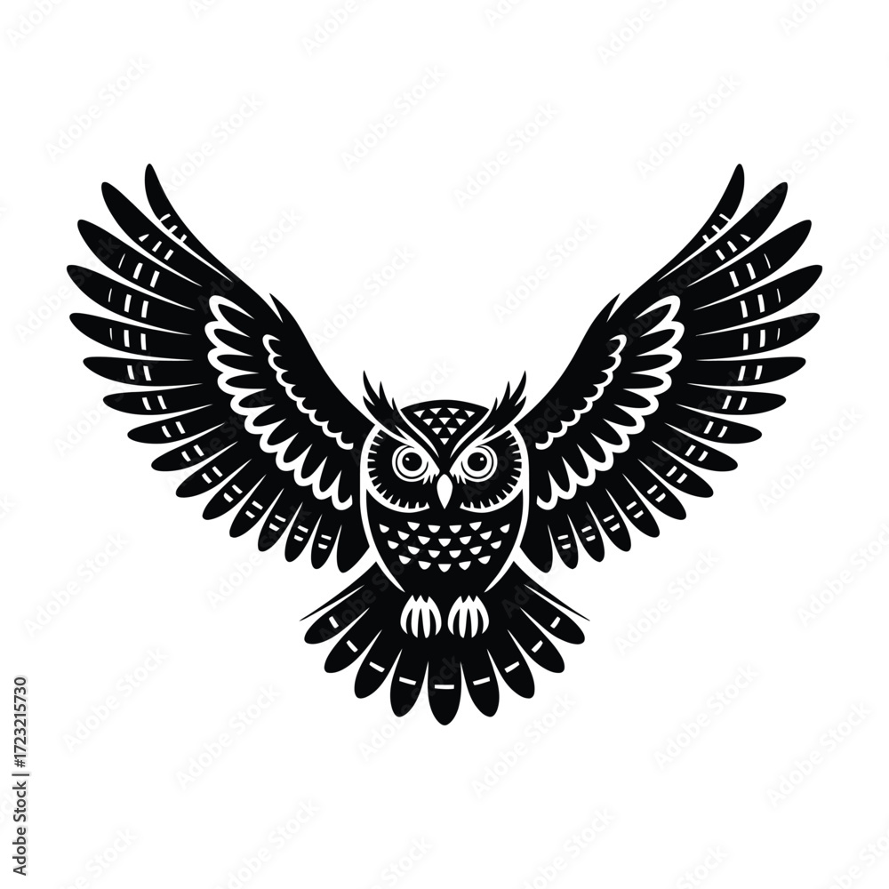 Fototapeta premium Owl Silhouette Vector Illustration A Striking Black Design of a Bird with Spread Wings and Detailed Feathers for Wildlife Art and Creative Projects