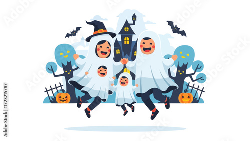 Spooky Family Halloween Celebration: Joyful Family in Halloween costumes celebrate the spooky season, enjoying the vibrant festivity together.