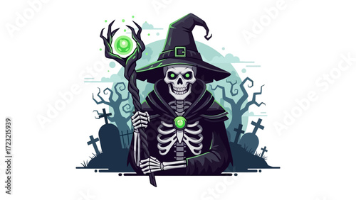 Mystical Halloween Specter: An illustrated skeleton, draped in a gothic cloak and hat, conjures an eerie, otherworldly ambiance against a backdrop of ancient tombstones. 