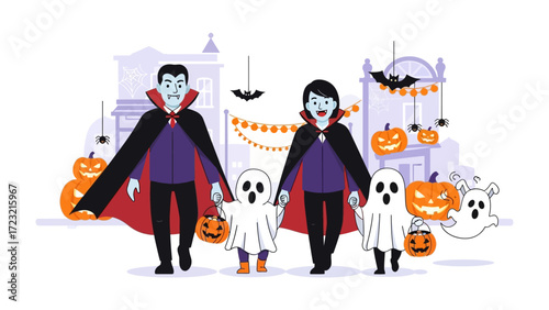 Halloween Family Fun: A family dressed in festive attire strolls through a Halloween-decorated street, brimming with the spirit of the holiday.