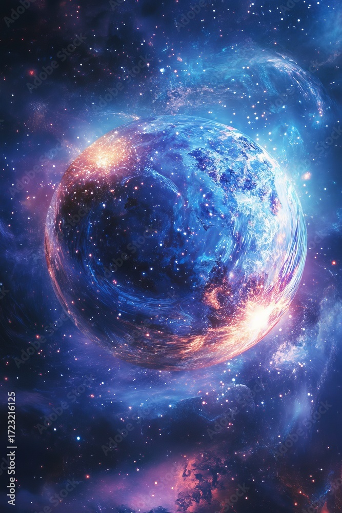 Obraz premium Breathtaking cosmic image featuring a stunning planet in a vibrant galaxy setting, illuminated by brilliant stars and celestial phenomena, perfect for creative projects.