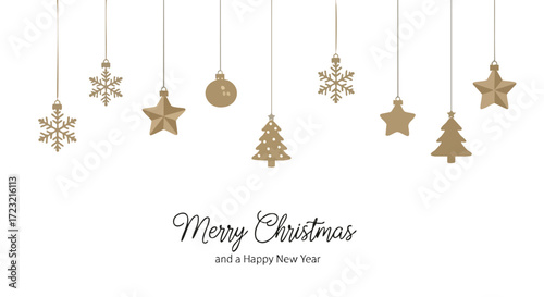 Elegant gold Christmas ornaments and festive greetings create a warm, inviting holiday celebration backdrop