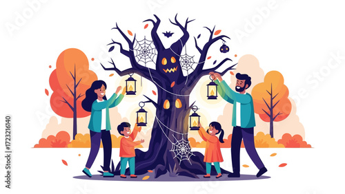 Spooky Celebration: A vibrant Halloween illustration depicts a family engaged in decorating a spooky tree with lanterns, against the backdrop of autumn foliage.