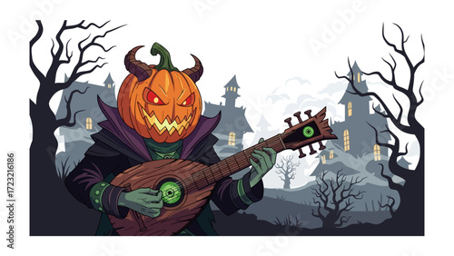 Halloween Serenade: A whimsical illustration captures the Halloween spirit, depicting a jack-o'-lantern-headed figure serenading a spooky landscape with its lute, a night of ghoulish revelry unfolds.
